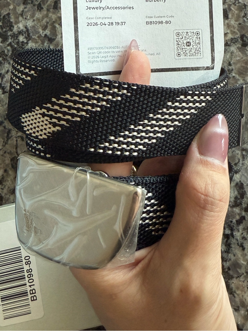 Burberry Black Woven Logo Belt with Silver-Tone Buckle